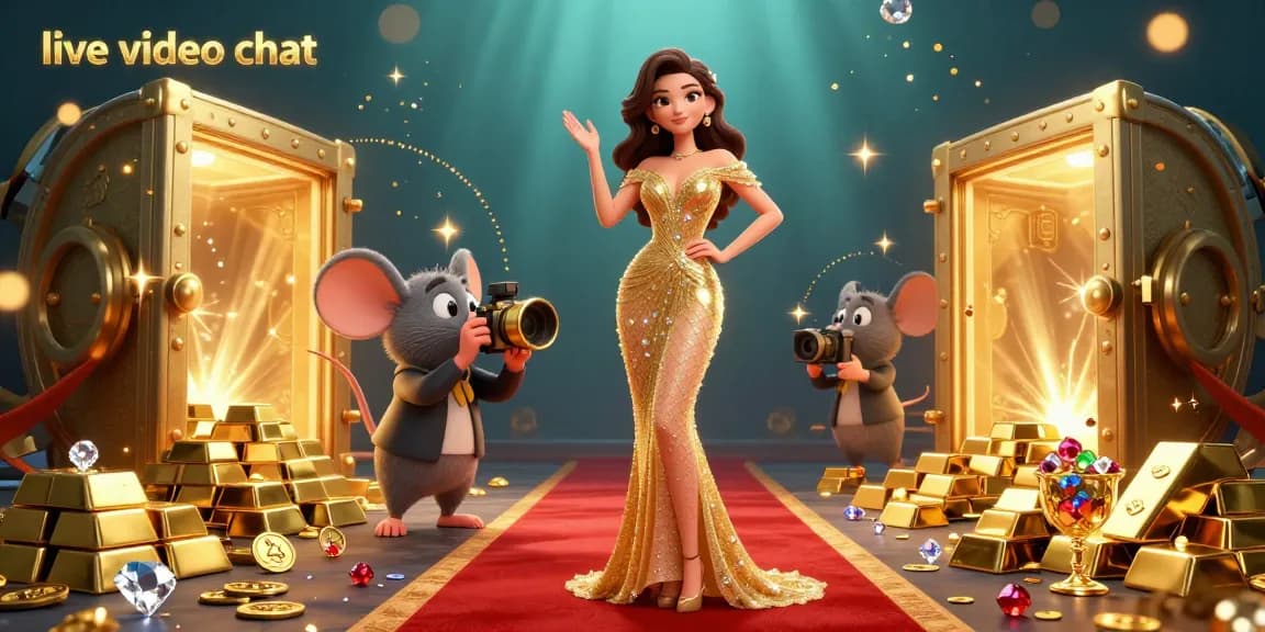 Experience engaging live video chat in this dynamic casino-themed 3D illustration featuring golden treasures and vibrant characters.
