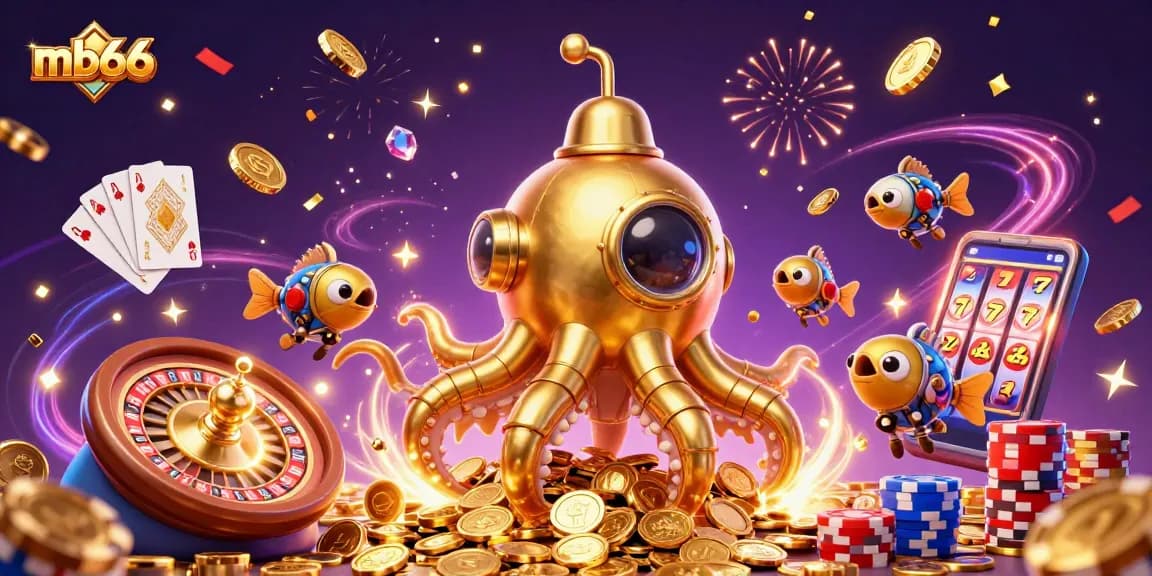 Experience the excitement of mb66 with golden kraken and dynamic casino elements in a colorful scene.