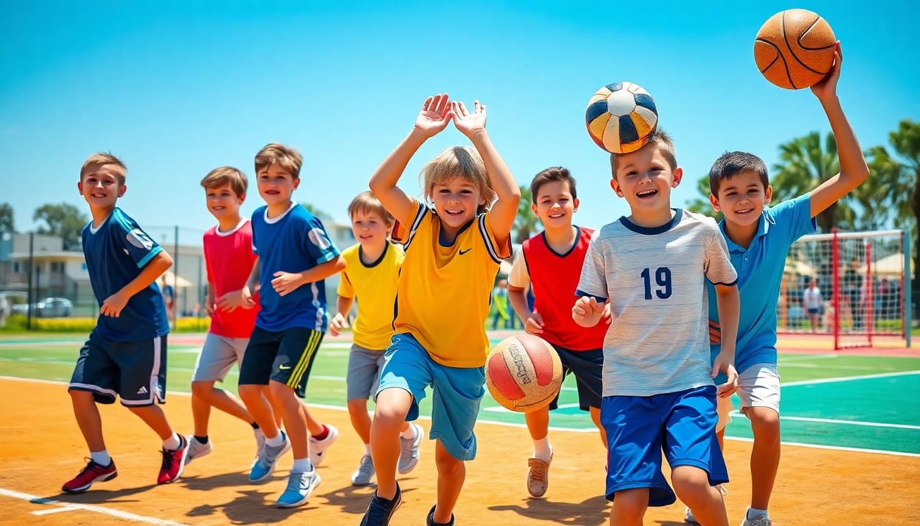 Active boys participating in Multi Sports Camps for Boys, showcasing teamwork and sportsmanship.