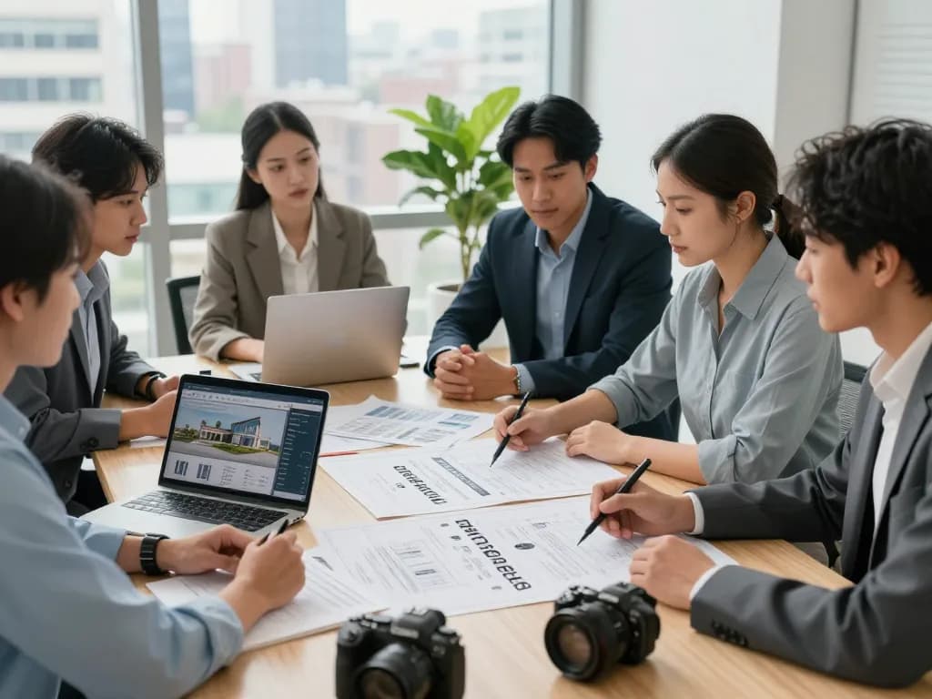 We buy houses for cash professionals discussing property offers in a modern office.