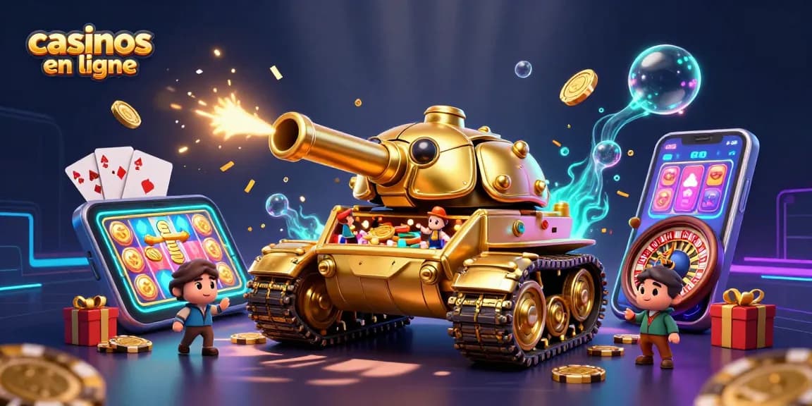 Découvrez des casinos en ligne captivants avec cette illustration d'un tank en forme de scarabée doré dévoilant un casino miniature.