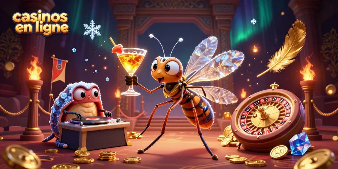 Illustration animée représentant des mascottes de casinos en ligne avec jetons et effets lumineux.