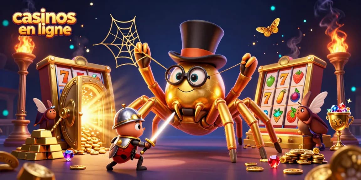 Profitez de jeux dans des casinos en ligne avec une scène dynamique d'araignée dorée et de ses amis observant des trésors.
