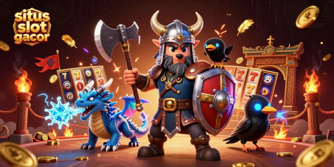 Experience the excitement of situs slot gacor with a Viking wolf warrior, fierce dragon, and golden slot reels.