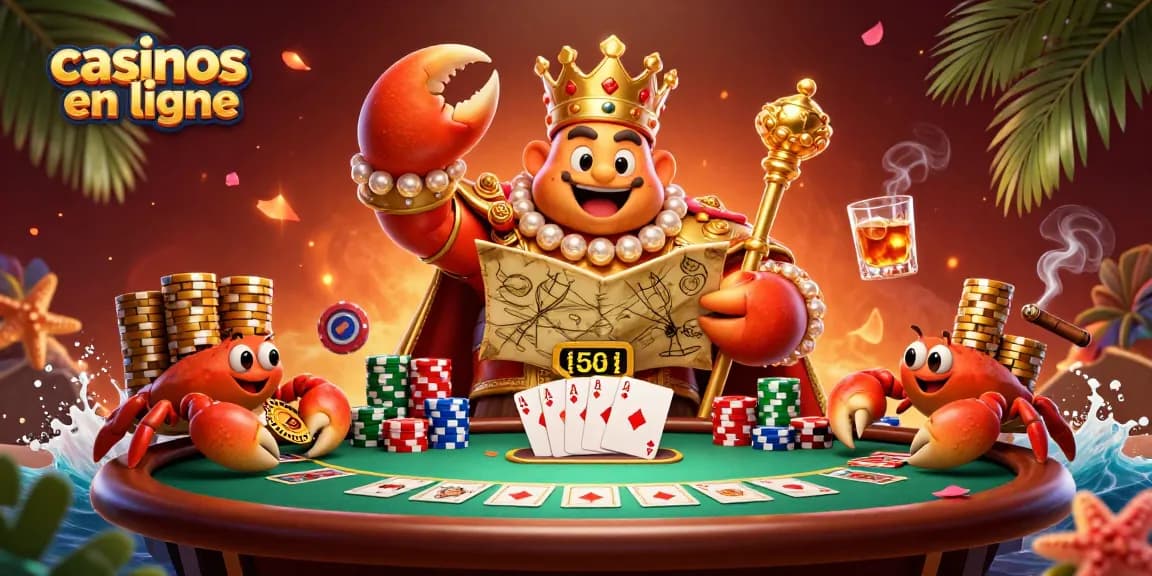 Visuel d'un crabe empereur doré dans un casino en ligne avec des jetons et une table de poker.