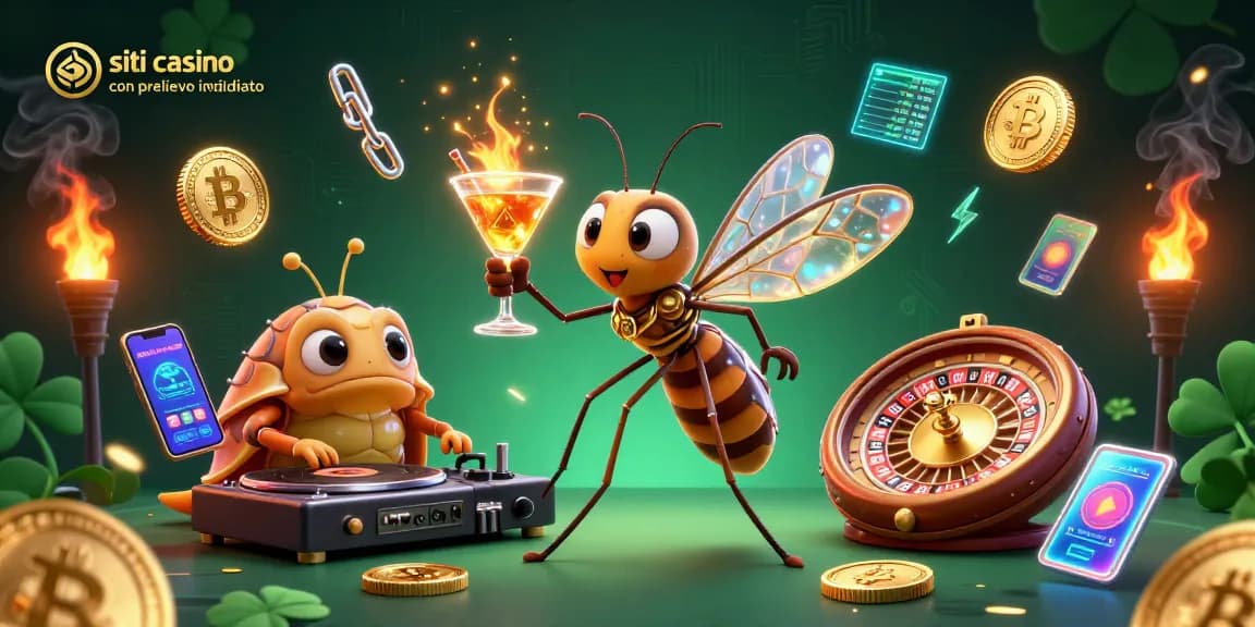 I migliori siti casino con prelievo immediato, un'immagine vivace con un moscerino mascot e un DJ trilobite nel mondo del gioco