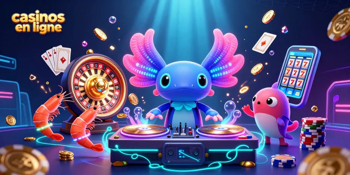 Visitez les casinos en ligne avec un DJ axolotl vibrant, des crevettes dansantes et un poisson-globe.