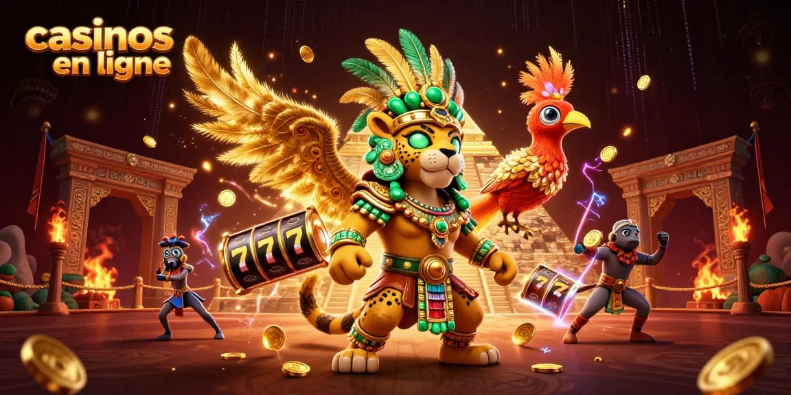 Illustrez l'excitation des casinos en ligne avec un prêtre jaguar Maya et un oiseau quetzal.