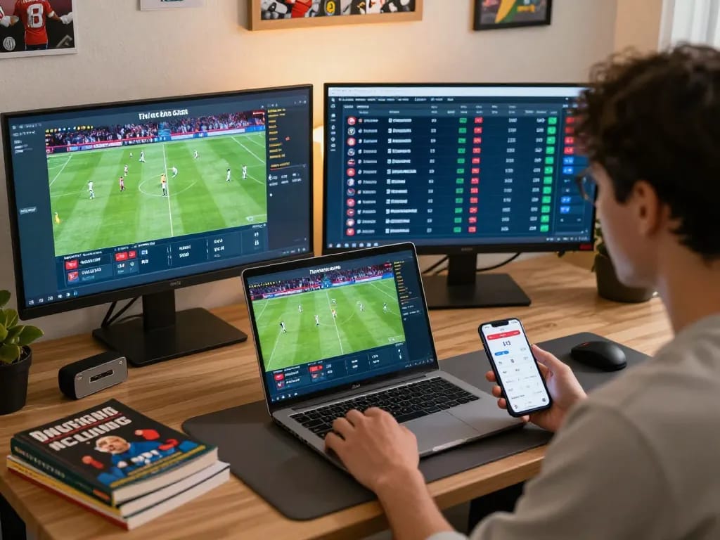 Kèo nhà cái 55 user analyzing betting odds in a modern home office for soccer games