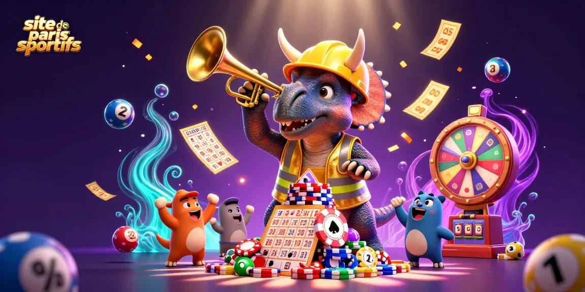 Découvrez un captivant site de paris sportifs avec un triceratops et des éléments de jeu colorés.