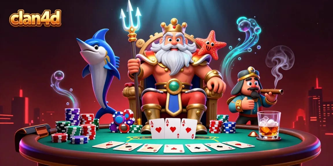 Engage in thrilling poker action with clan4d, featuring Neptune and samurai in a vibrant scene.