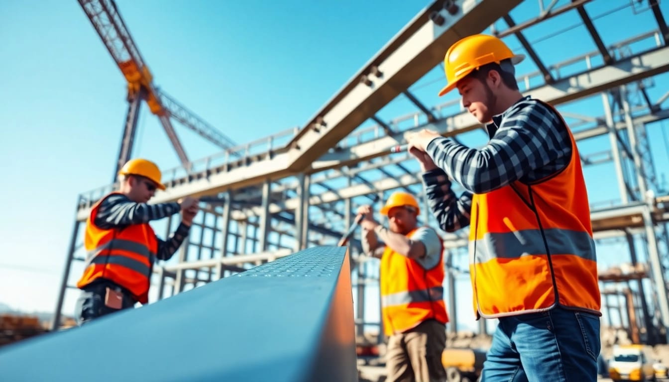 Structural steel installation workers actively assembling beams on a construction site.