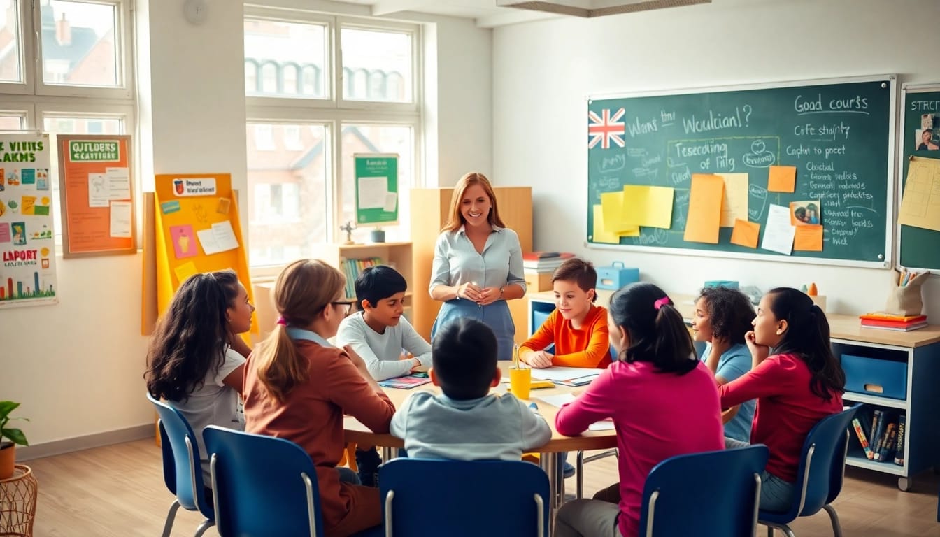 Education-focused classroom with diverse students collaborating in an engaging discussion.