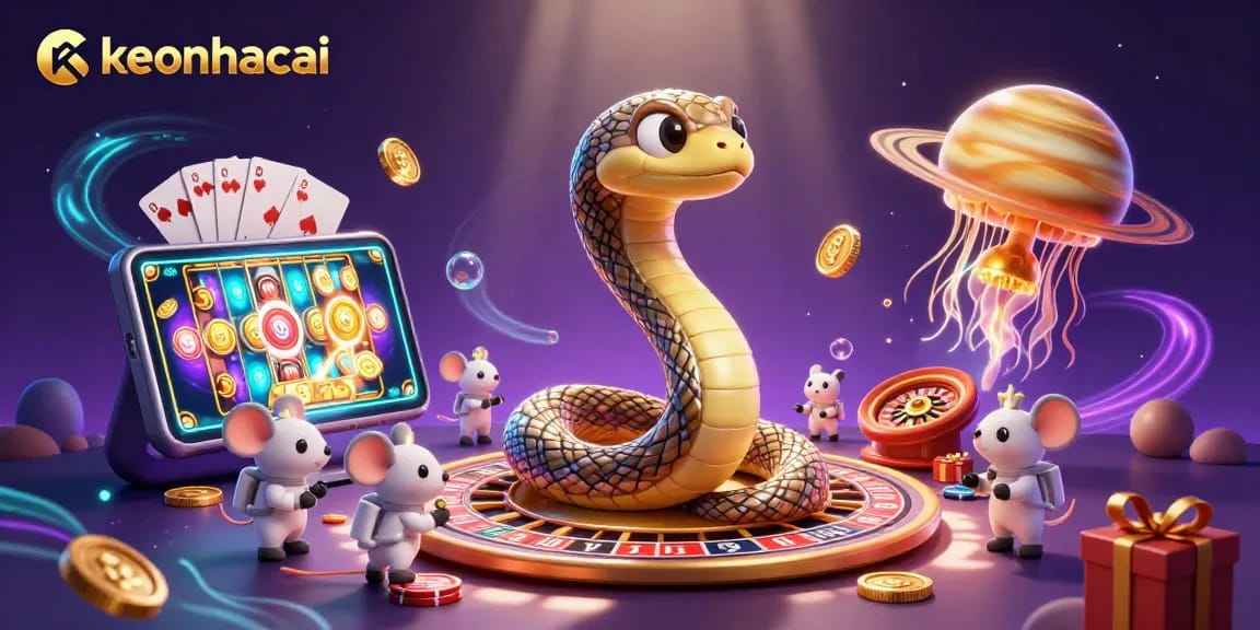 keonhacai illustration featuring cartoon snakes and mice bet on a roulette wheel
