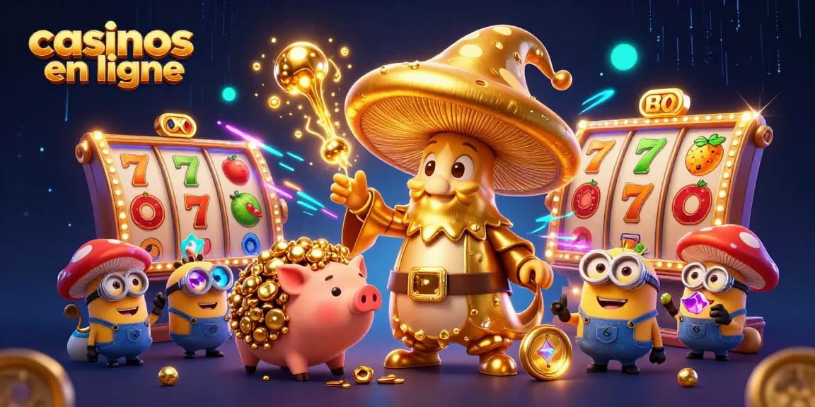 Illustration animée de casinos en ligne avec un magicien champignon et des trésors.