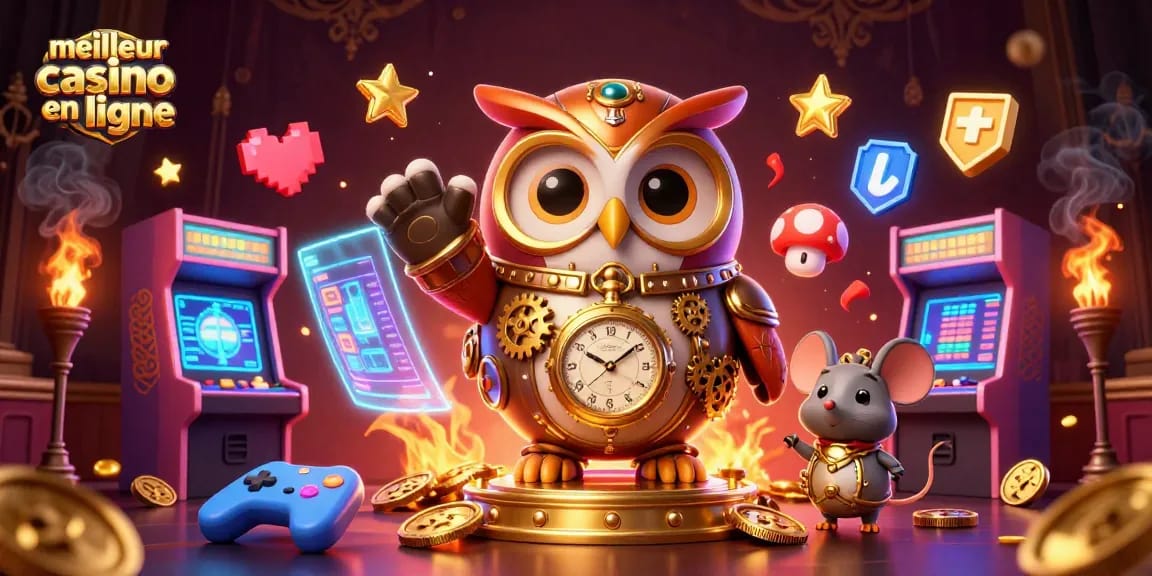 Gagnez au meilleur casino en ligne avec une illustration dynamique d'un hibou et un compagnon.