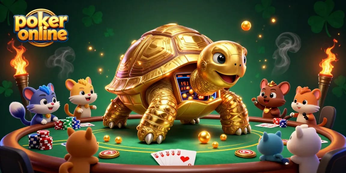 Découvrez le frisson du poker en ligne à travers une illustration dynamique de notre tortue dorée jouant.