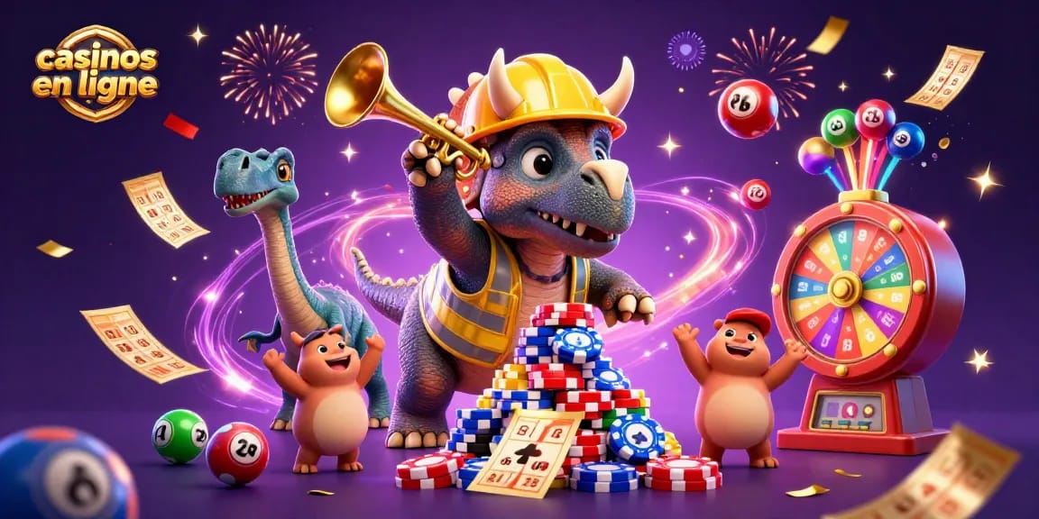 Scène vibrante de casinos en ligne avec des personnages festifs et des éléments de jeux dynamiques.