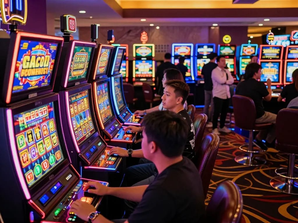 Experience the thrill of slot gacor gampang menang at vibrant casino with colorful machines and excited players.