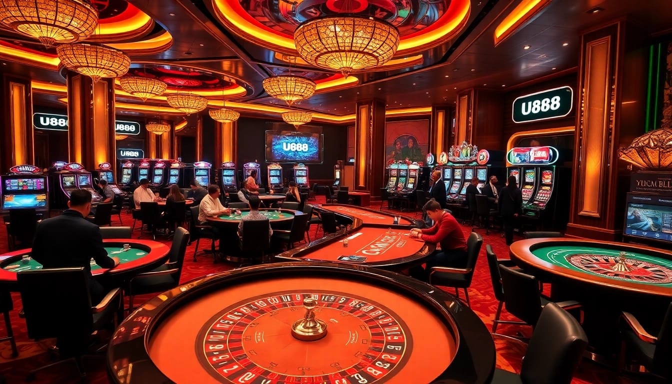 Exciting atmosphere at U888 casino showcasing poker tables and slot machines.