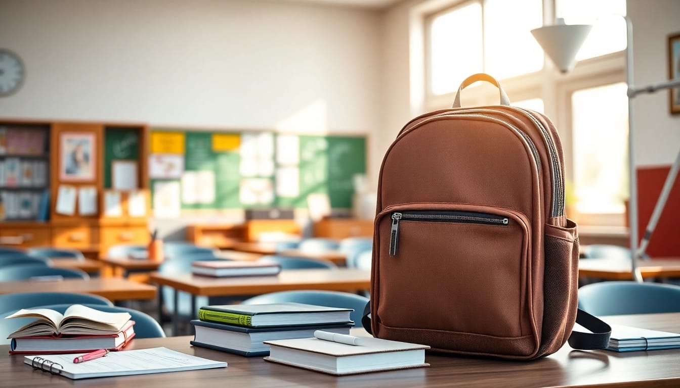 Handytasche Schule in stylischer Anwendung auf einem Schreibtisch voller Schulmaterialien.