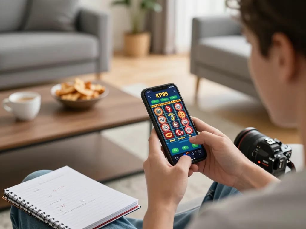 KP88 player enjoying mobile gaming experience on smartphone while tracking bets at home