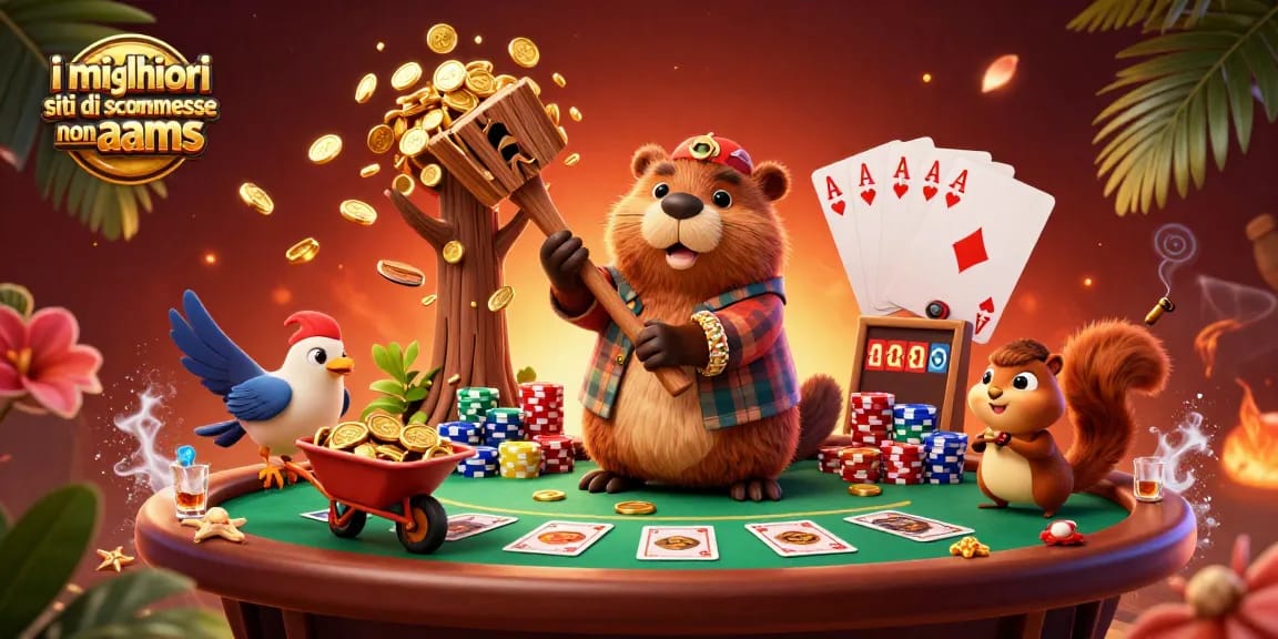 Scopri i migliori siti di scommesse non AAMS, divertiti con un'illustrazione animata di un castoro che raccoglie monete d'oro.