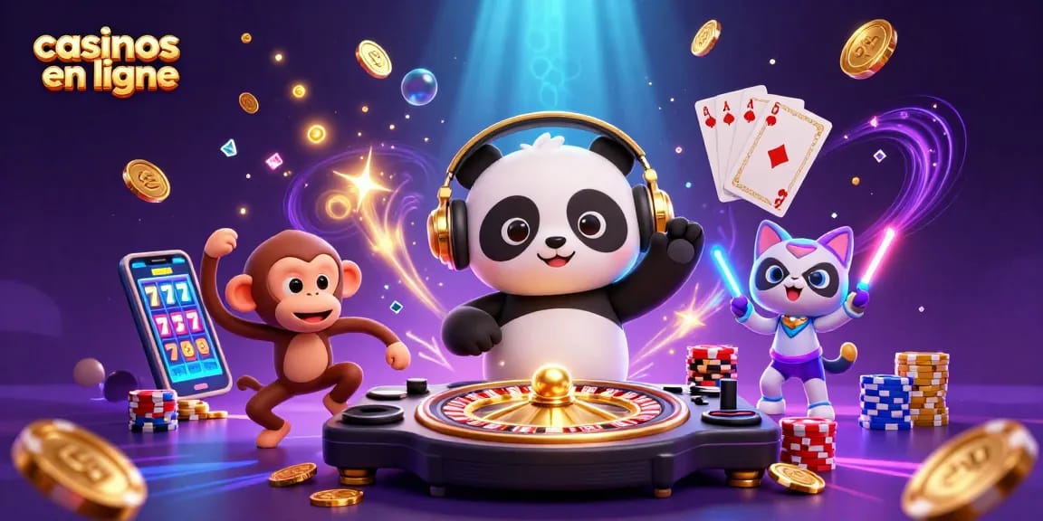 Vibrez avec notre illustration captivante de casinos en ligne, mettant en scène un panda DJ et des personnages animés.