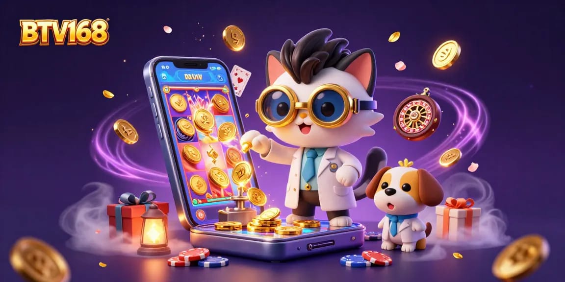BTV168 showcases a mad scientist cat and dog creating a gold-coin machine amidst vibrant casino elements.