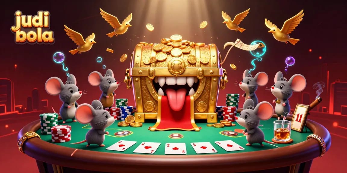 Bettors explore judi bola dynamics at a vibrant casino-themed scene with poker tables and rich game elements.