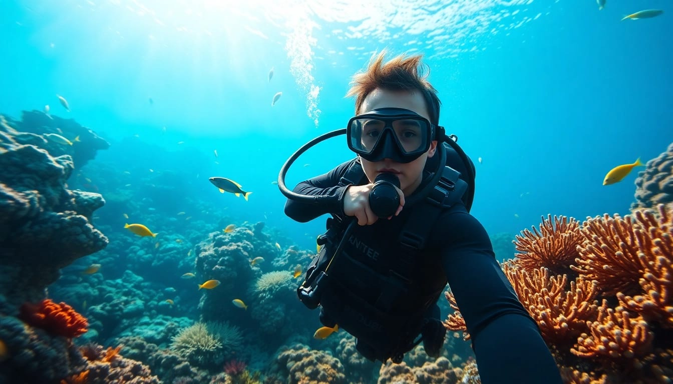 Tauchen in einem lebendigen Korallenriff mit bunten Fischen und Sonnenstrahlen.