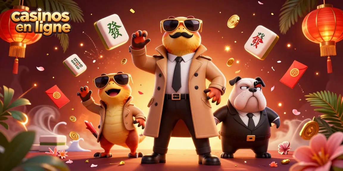 Trois raptors en manteau dans un casino en ligne, décorés de pépites d'or et lanternes.