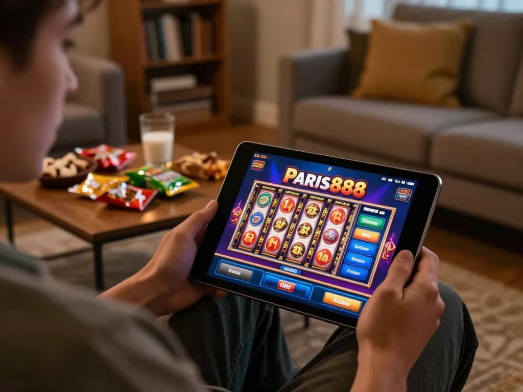 Engaging tablet gaming session on Paris888 showcasing colorful slot reels, relaxed atmosphere.