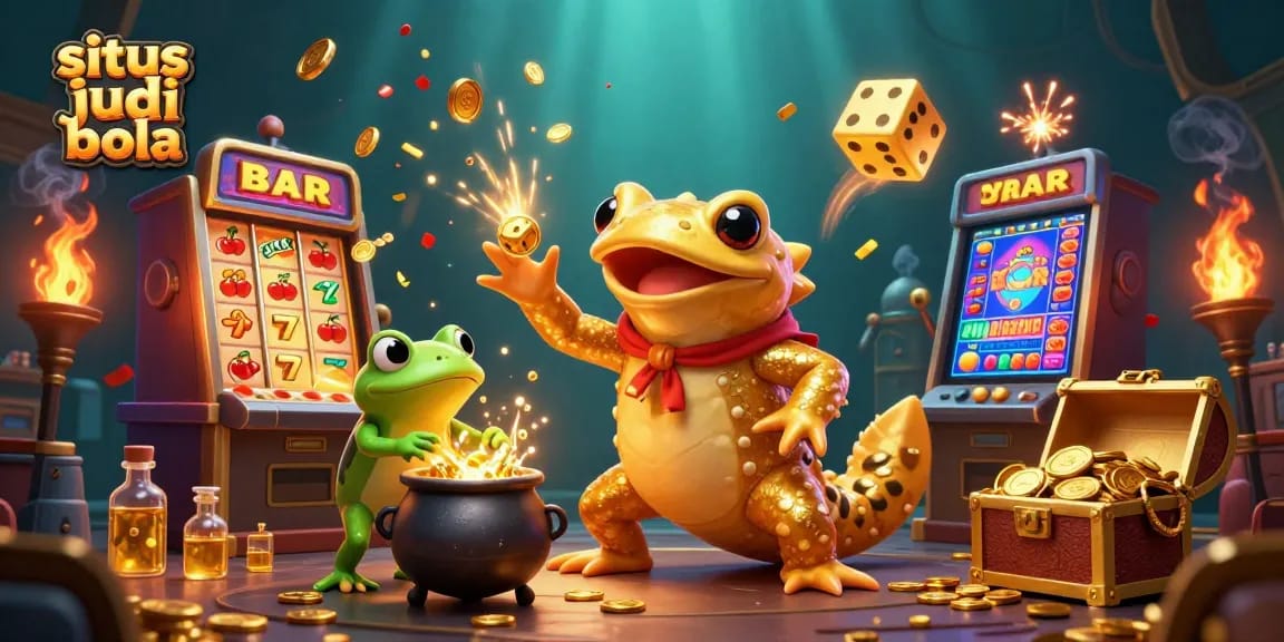 Experience exciting situs judi bola action with alchemical characters crafting gold against a rich casino backdrop.