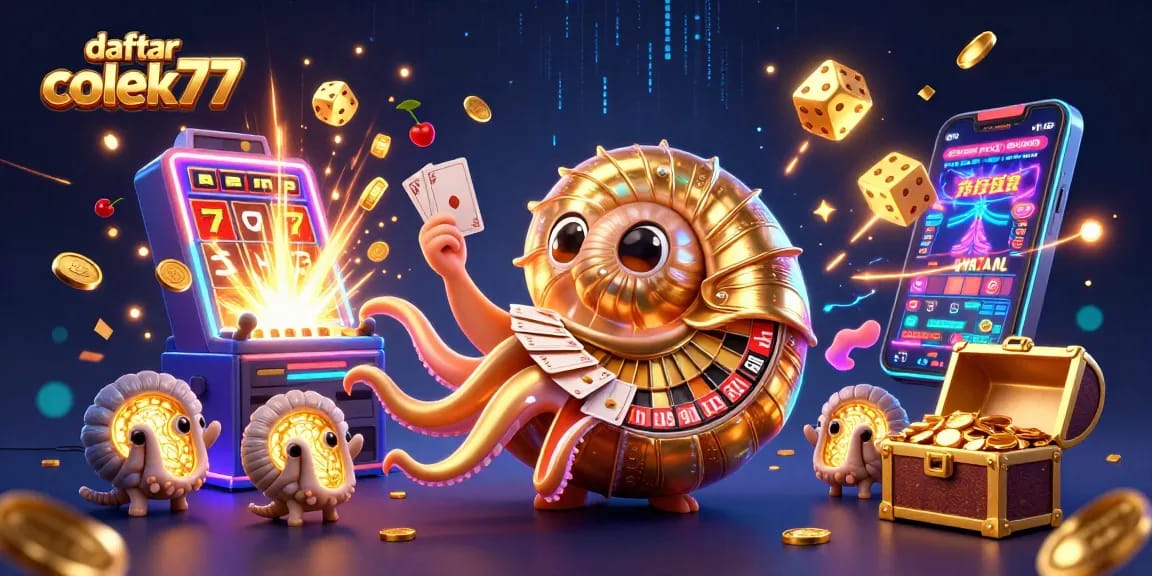 Experience the thrill of daftar colek77 with vibrant casino elements in a dynamic 3D illustration.
