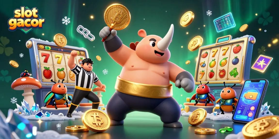 Experience the excitement of slot gacor with a cartoon beetle champion surrounded by dynamic casino elements.