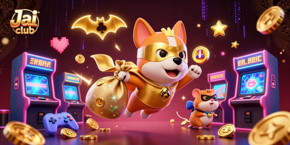 Engage with exciting games at Jai club, featuring colorful characters and vibrant casino elements in a dynamic illustration.