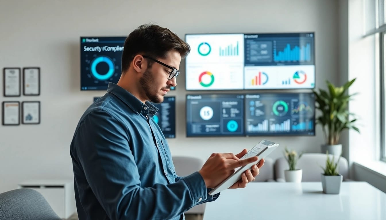 Monitor displaying Microsoft 365 Security & Compliance metrics while an analyst reviews data