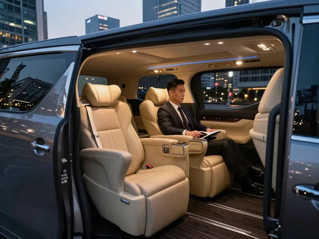 Trải nghiệm sự sang trọng với cho thuê xe Toyota Alphard trong bối cảnh thành phố, thể hiện sự thanh lịch và thoải mái.