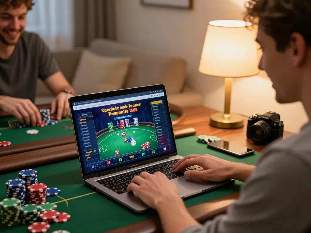 Engaging in casino americani online from home while playing poker on a laptop, chips stacked nearby.