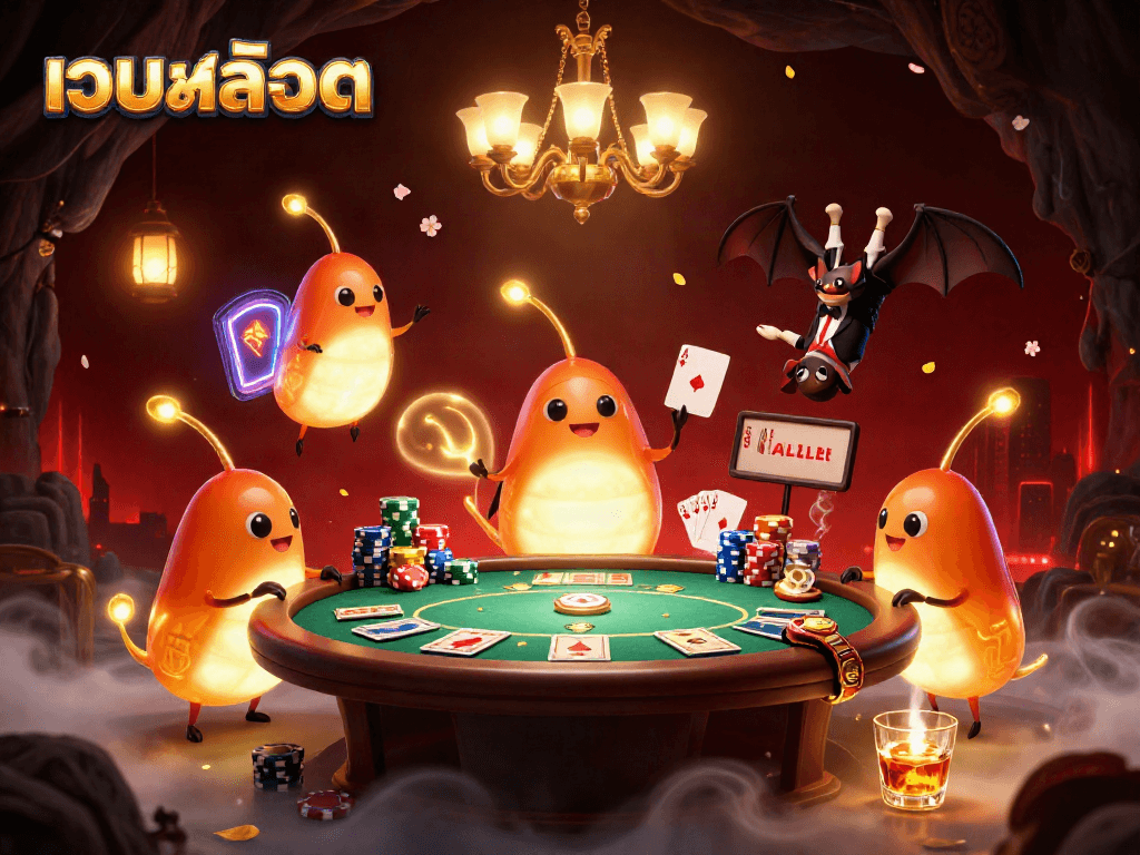 Experience a vibrant cave casino scene with เว็บสล็อต, featuring glowworms and a bat dealer.