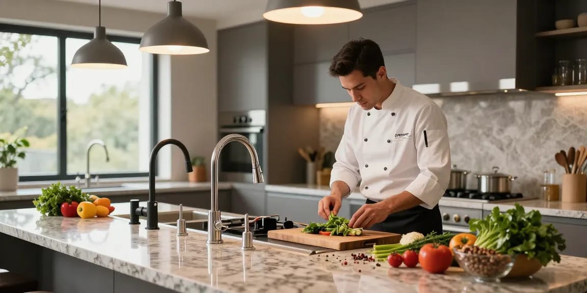 Elegant kitchen faucets showcased in a modern cooking environment with fresh ingredients.