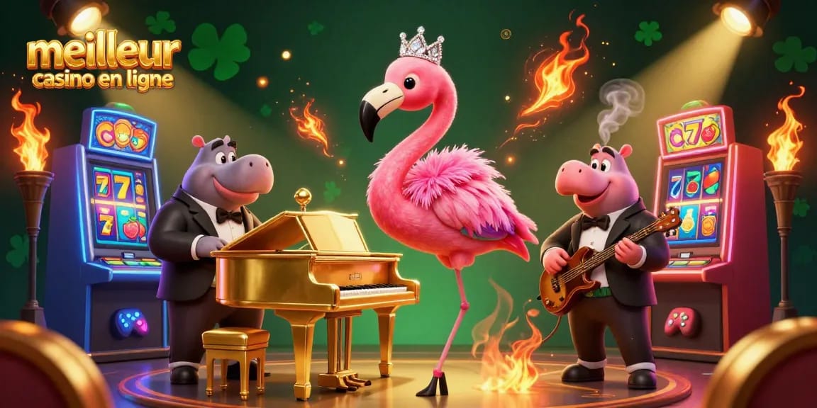 Illustration dynamique d'un meilleur casino en ligne avec un flamant chanteur et un hippopotame musicien.