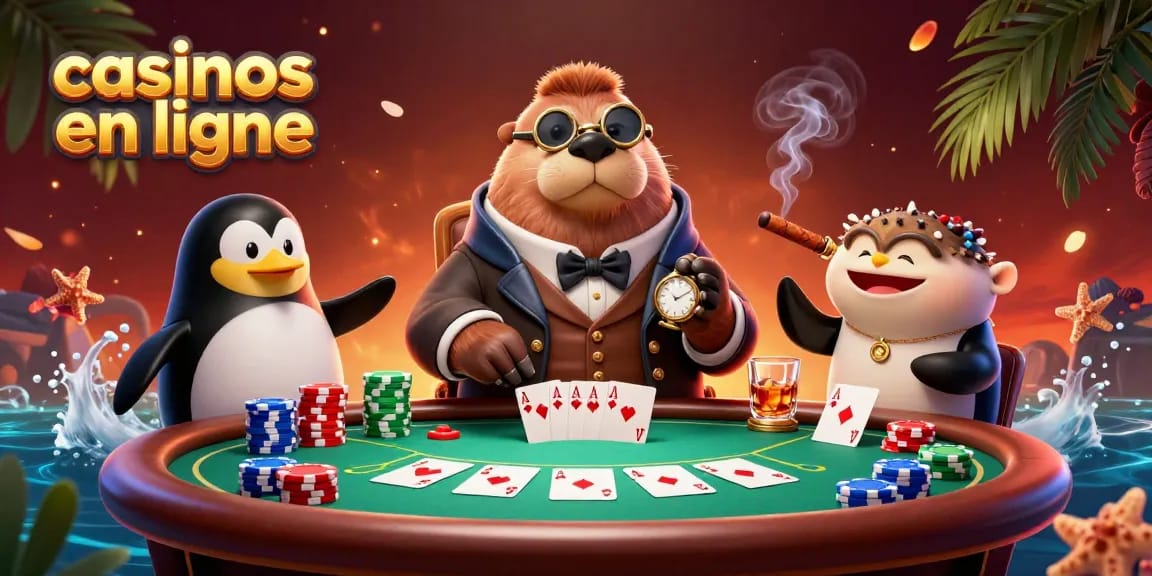 Un joueur de poker amusant dans un casino en ligne avec un morse élégant et des éléments de jeu colorés.