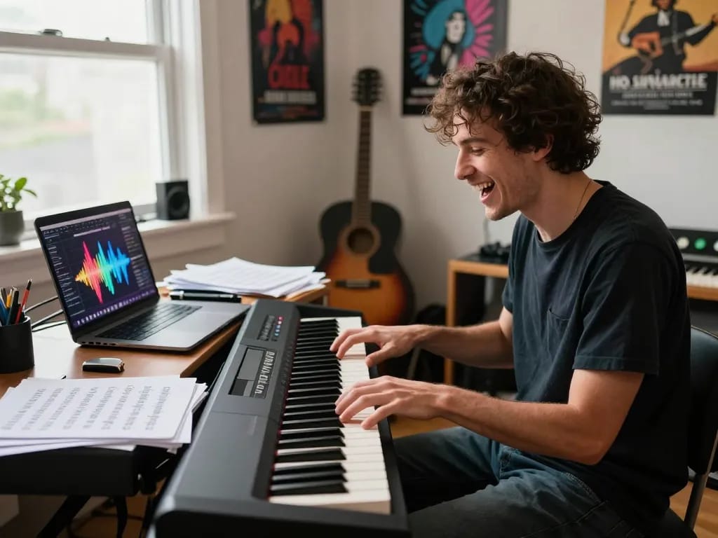 Musician playing the GO 88 piano in a vibrant music studio, showcasing creativity and passion.