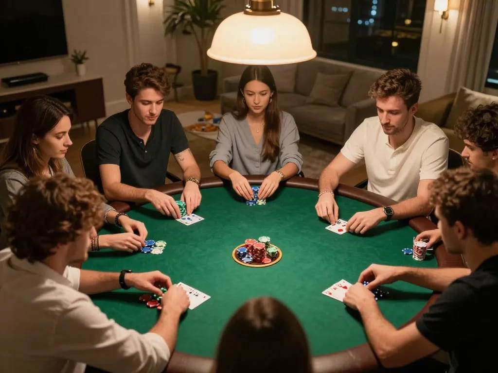 uu88 players engaged in a competitive home poker game around a green felt table with ambient lighting.
