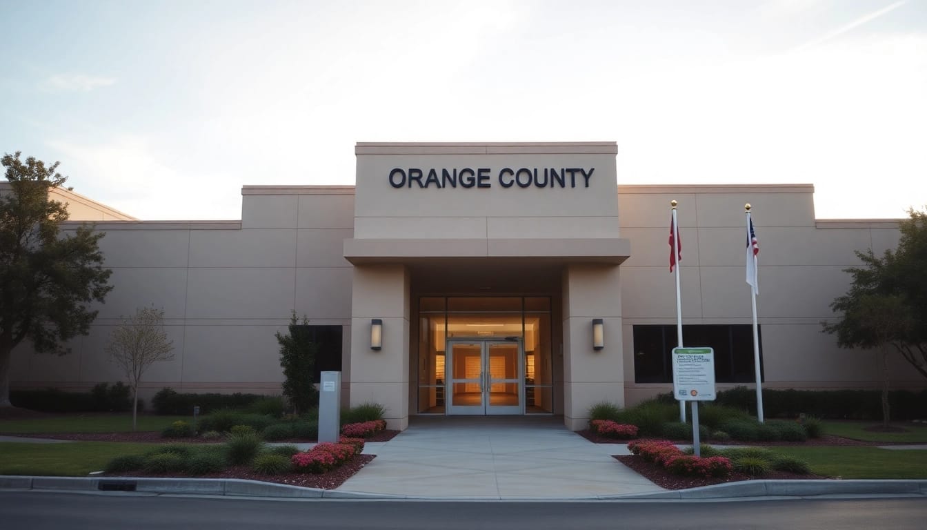 Engaging Orange County Inmate search image featuring the jail's entrance surrounded by greenery.