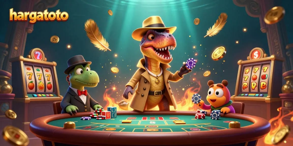 Engage with hargatoto's vibrant casino scene featuring a clever velociraptor card counter at a blackjack table.