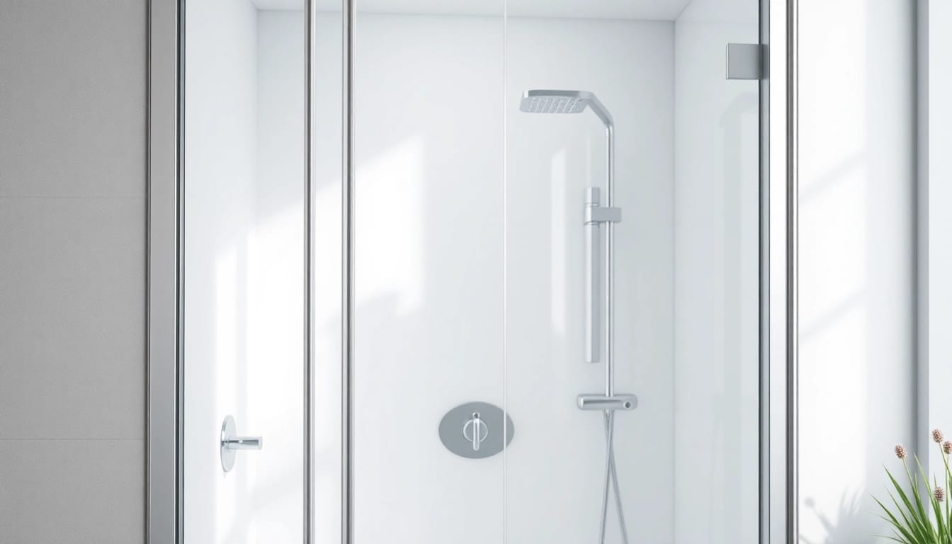 Moderne duschkabine 90x90 komplett in einem eleganten Badezimmer mit Glaselementen und chromatischen Details.