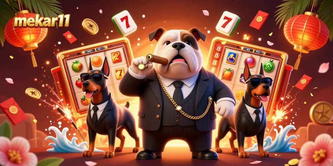 Experience thrilling gameplay with mekar11's animated casino scene featuring a mafia bulldog and slot elements.